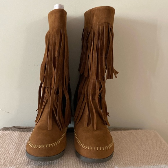 Corky's Mohawk fringe leather/suede boots brown/rust tan stitching mixed sz 6 - Picture 2 of 12